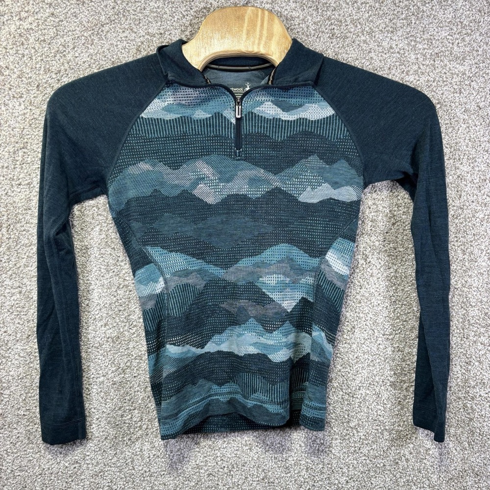 Smartwool Shirt Womens Medium Blue 1/4 Zip Merino Wool Base Layer Long Sleeve